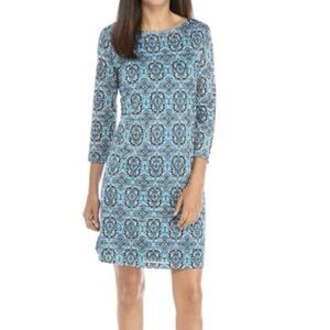 Kim Rogers Petite PS Blue Medallion Dress Grommet Neck 3/4 Sleeve Lined
